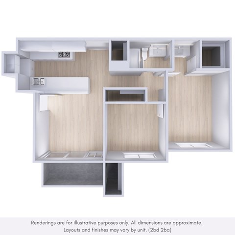 Floor plan for 2 beds, 2 baths, 939 sqft